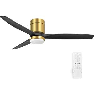 YITAHOME 52 Inch Low Profile Ceiling Fan with Light, 3 Wood Fan Blade, Flush Mount Fan with Remote Dimmable Reversible Quiet DC Motor, Memory Function, for Bedroom, Living Room, Indoor, Black Gold
