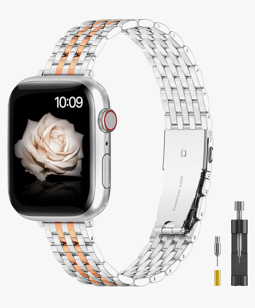for Apple Watch Band   38mm 40mm 41mm Series 9 8 7 6 5 4 3 2 1 SE SE2 Women and Men,Classic Stainless Steel Metal Watchband for iWatch Bands,Pretty Shiny Look,  Shiny Silver Rose Gold