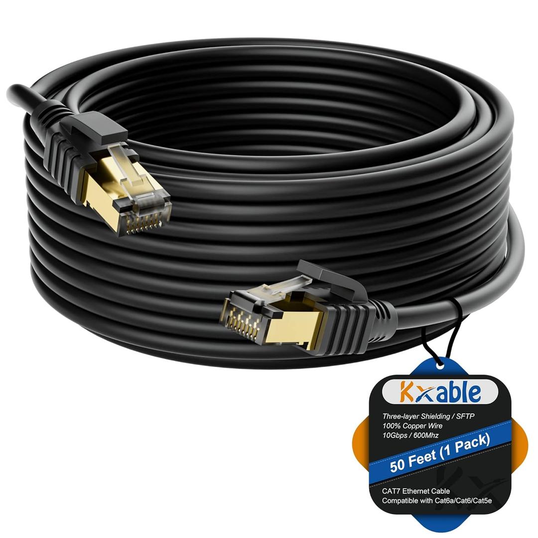 Cat 7 Ethernet Cable 50 Feet, Long High Speed Internet Cord, CAT7 RJ45 LAN Network Cable, Triple Shielding SFTP 10Gbps 600Mhz Patch Cable, Compatible with CAT6A CAT6 CAT5E CAT5 Cable