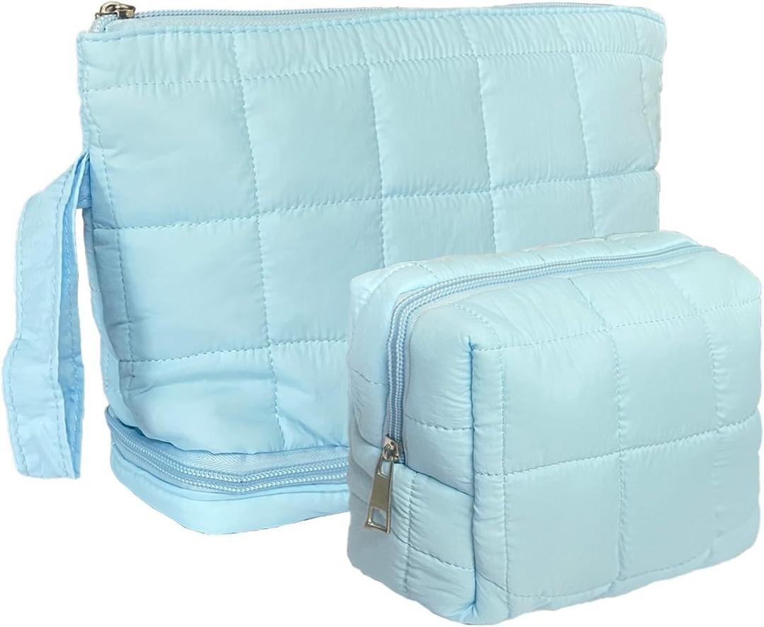 Blue Puffy Puffer Makeup Bag for Purse Small Makeup Pouch Quilted Cosmetic Bag Cute Cotton Toiletry Pouch Bag for Women