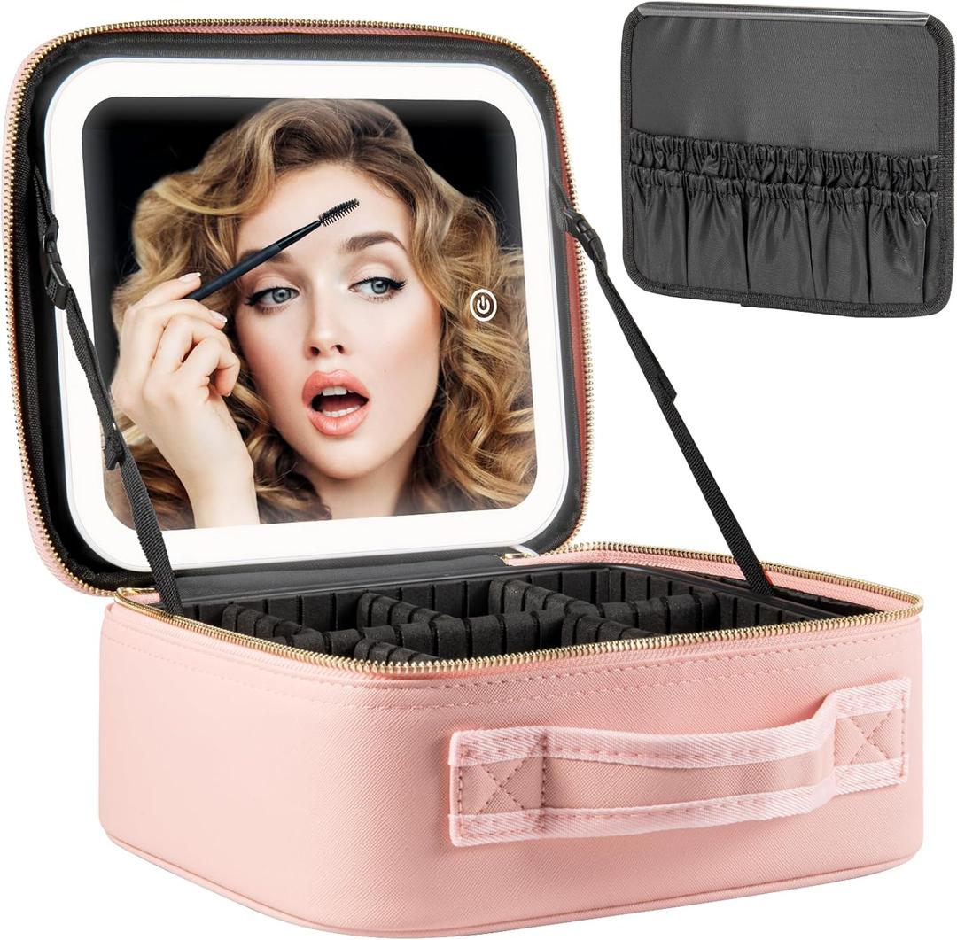 Makeup Travel Train Case with Mirror LED Light 3 Adjustable Brightness Large Cosmetic Bag Portable Storage Adjustable Partition Waterproof Makeup Brushes Make up Jewelry Gift for Women (Pink)