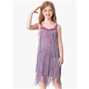 Cuecutie Kids Sequin Fringe Dress Sparkling Tassel Sleeveless Latin Dance Dress Salsa Dancewear Dancer Outfits for Girls (Large, Purple)