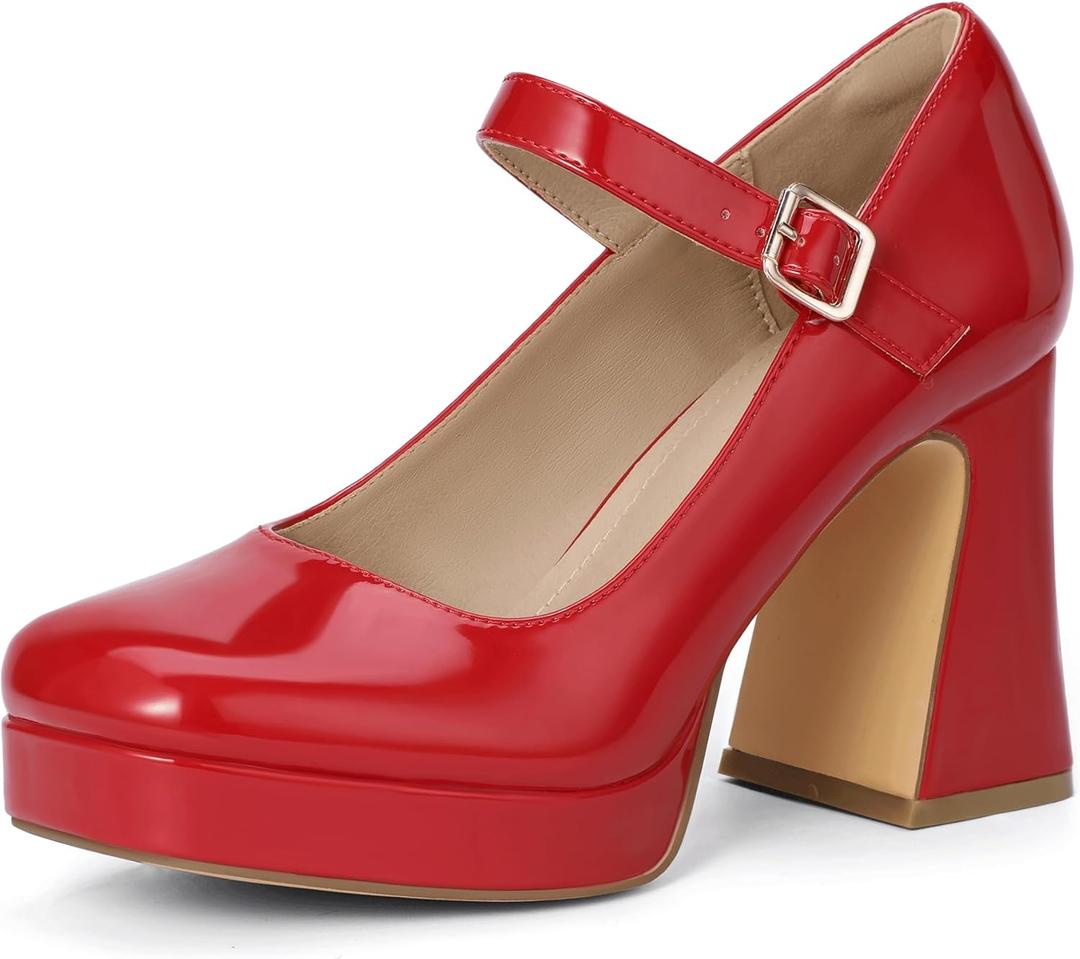 IDIFU IN4 Platform Mary Jane Shoes Women's Pumps High Chunky Square Closed Toe Block Heels Ankle Strap Work Wedding Prom Comfortable Dress Shoes Dressy Cute Heels (6.5, Red Patent)