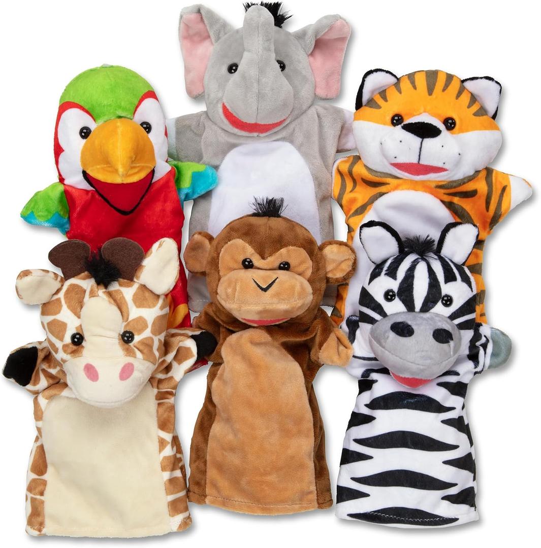 Melissa & Doug Safari Buddies Hand Puppets, Set of 6 (Elephant, Tiger, Parrot, Giraffe, Monkey, Zebra) Soft, Plush Puppet, Stuffed Animals, Pretend Play Toddler Toys for Girls & Boys 2+