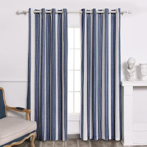 DriftAway Chris Linen Blackout Curtains with Thermal and Sound Reducing Layer 84 Inches Long for Bedroom Striped Printed Drapes Thermal Insulated Lined Window Treatments for Living Room Dark Blue