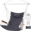 Hammock Chair Hanging Swing with Wooden Armrests;Steel Spreader Bar,Pillows,Hardware kit Included;Cotton Woven Fabric;Up to 350 Lbs,for Indoor or Outdoor (Dark Grey)