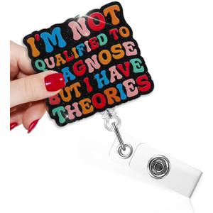 TOUNER I'm Not Qualified to Diagnose But I Have Theorise Funny Badge Reel with Black Glitter, Retractable ID Clip Holder for Healthcare Mental Health CNA Doctor, Graduation Gifts for Student Nurses