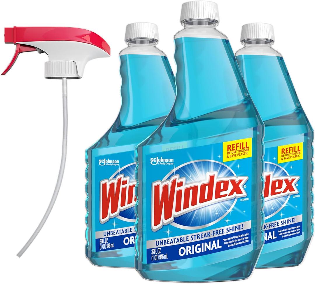 Windex Refill Original Blue Glass and Window Cleaner Bottles + 1 Reusable Spray Trigger, Surface Cleaning Spray, Original Blue Scent, 32 Fl Oz (Pack of 3), Exp: Unknown