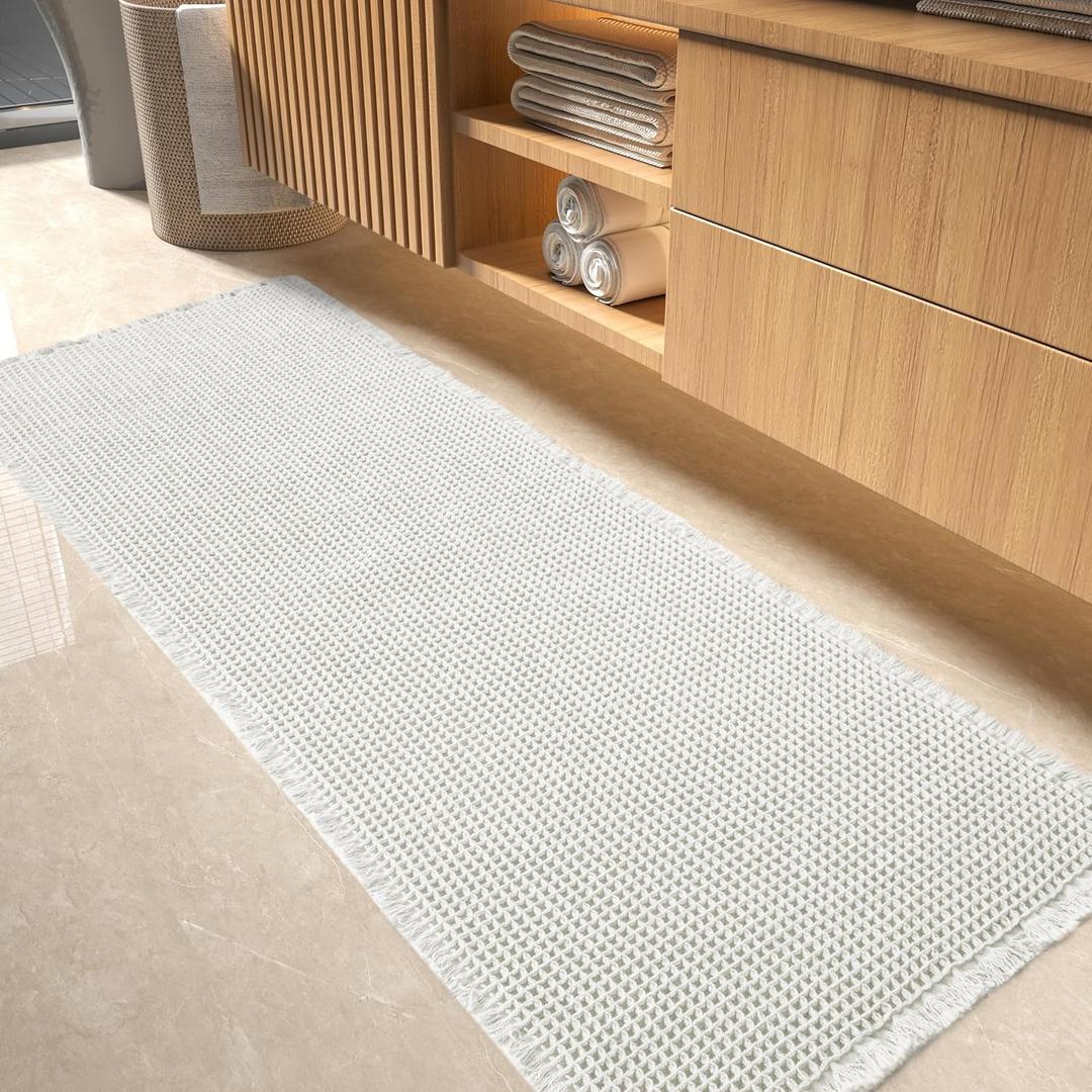Waffle Bath Mat-Runner, Super Absorbent Non Slip Bath Mat for Bathroom Floor Beside Tub, Machine Washable Long Bathroom Rug with Tassels, 2' x 6'(24" x 72") (2' x 6', White)
