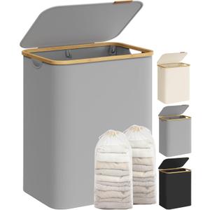 SONGMICS Laundry Hamper with Lid, 2-Section Large Laundry Basket, 34.3-gallon (130L), Removable Mesh Liner, Bamboo Handles, Collapsible, 20.5 x 15.2 x 27.8 Inches, Dove Gray ULCB513G01