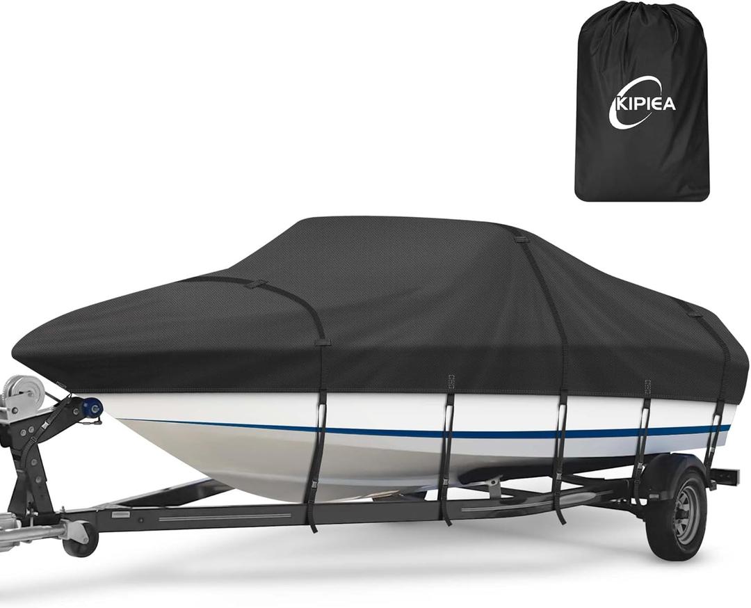Kipiea Trailerable Boat Cover- 16-18.5 ft feet Heavy Duty Waterproof Boat Covers, Double PU Waterproof, Fits V-Hull, Fish & Ski, Pro-Style, Fishing, Bass Boats - Black, 16'-18.5' Long X 94" Wide (Length:16'-18.5' Beam width: up to 94")