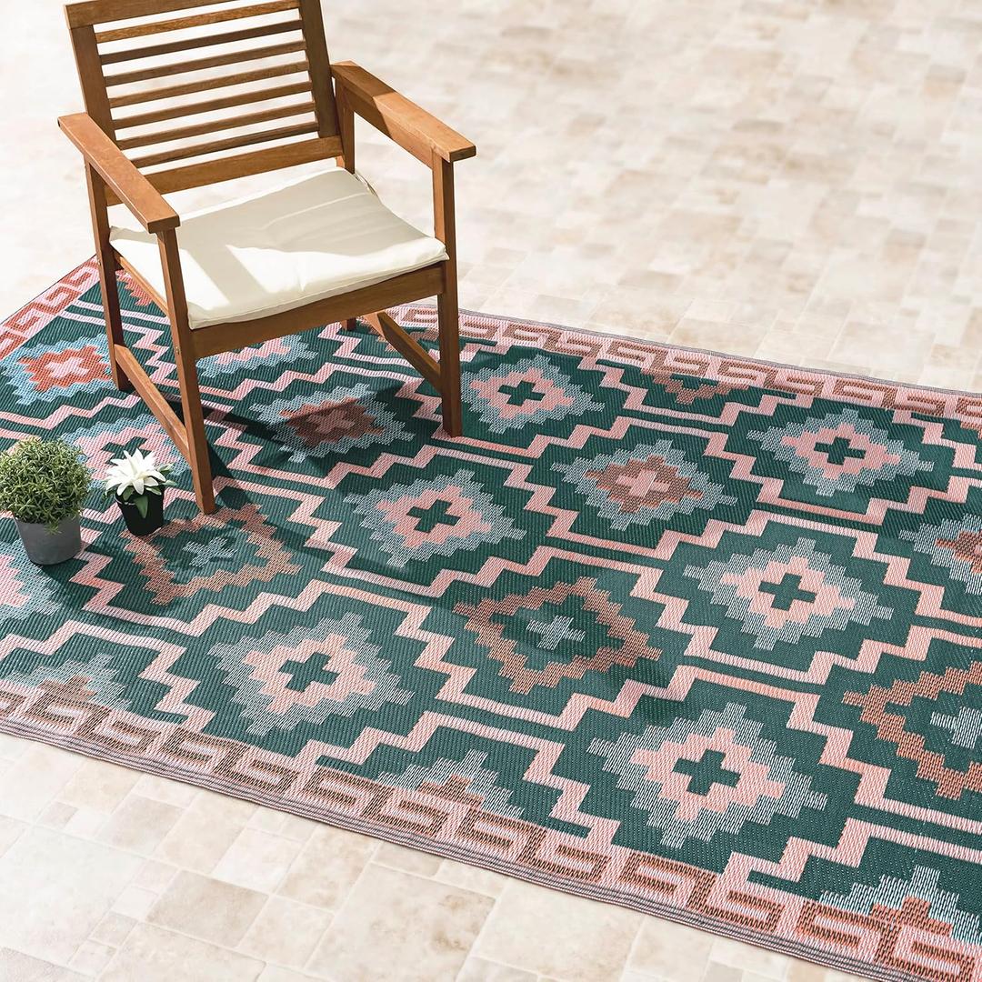 Fab Habitat Outdoor Rug - Waterproof, Fade Resistant, Crease-Free - Premium Recycled Plastic - Vintage Boho Kilim - Porch, Deck, Balcony, Mudroom, Laundry Room, Patio - Lhasa - Green - 3 x 5 ft (3' x 5' (Rectangular))
