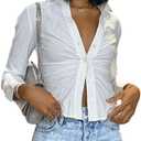 Women's Button Down Shirts Ruched Long Sleeve Blouses Slim Fit Fall Tops (White, M)