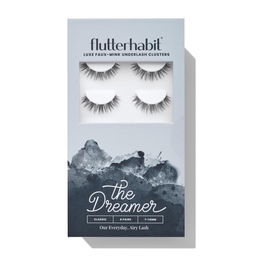 FlutterHabit The Dreamer prepTECH Classic 6 Pair Underlash Extensions, 7–14mm Wispy Lash Clusters, Reusable Under Lash Eyelashes for At Home Application, Medium Volume Doll Eye, Adhesive Required