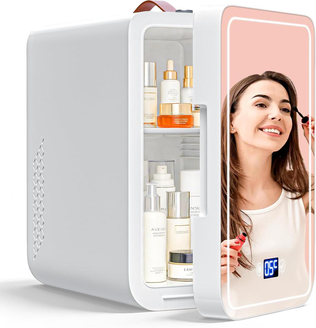 6L Mini Fridge with 3-Level Dimmable LED Mirror, Cooling & Warming, AC/DC Portable Skincare Fridge for Dorm, Car, Office, 10.2 x 7 x 11.4 inches
