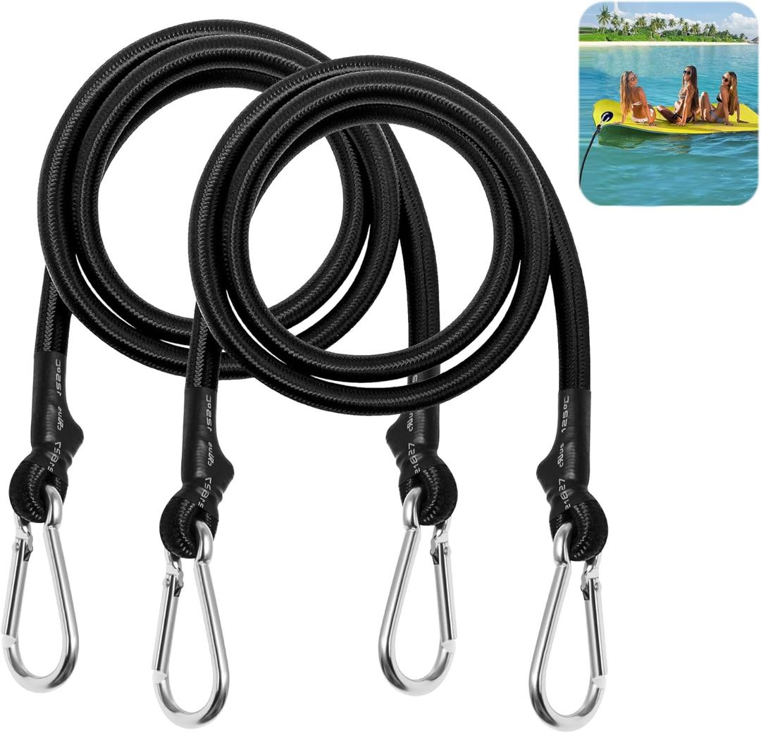 2PCS 10' Foam Water Pad Mat Bungee Cord, Floating Mat Bungee Cord with 2 Stainless Hooks, Floating Water Mat Tether, Foam Lake Mat Cord Secure Mooring Prevent Drifting Away