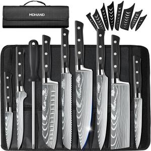 MDHAND Professional Chef Knife Set with Roll Bag, 9PCS Japanese Kitchen Knife Set with Sharpener, High Carbon Stainless Steel Kitchen Knives - Forged Triple Rivet, Dishwasher Safe, Chef Gifts, Black