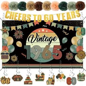 RoundFunny 24 Pcs Vintage 60th Birthday Decorations for Men Women 1965 Banner Decorations, Including Back in 1965 Backdrop, Cheers to 60 Years Banner, 12 Hanging Swirl, 10 Paper Poms
