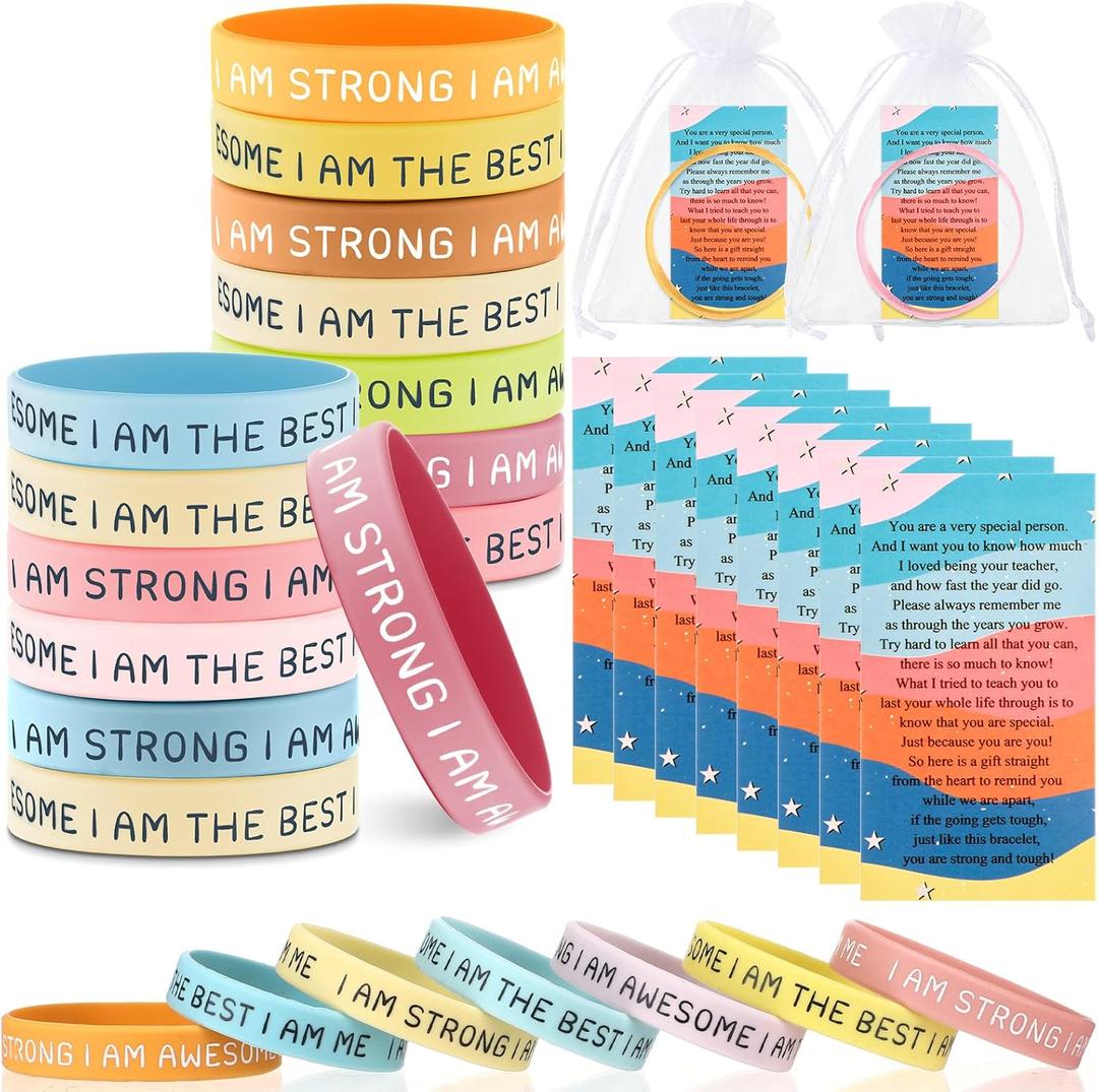 Roowest End of Year Student Gifts Motivational Silicone Wristbands Bulk for Graduation Gifts with Inspirational Cards Organza Bags for Students from Teachers Classroom Happy Last Day