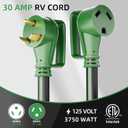 30 Amp 75 Feet RV Extension Cord with Grip Handle, Heavy Duty 10 Gauge 3-Prong 125V STW Pure Copper RV Cord, NEMA TT-30P/R with Cord Organizer for RV Trailer Campers, Black&Green, ETL Listed