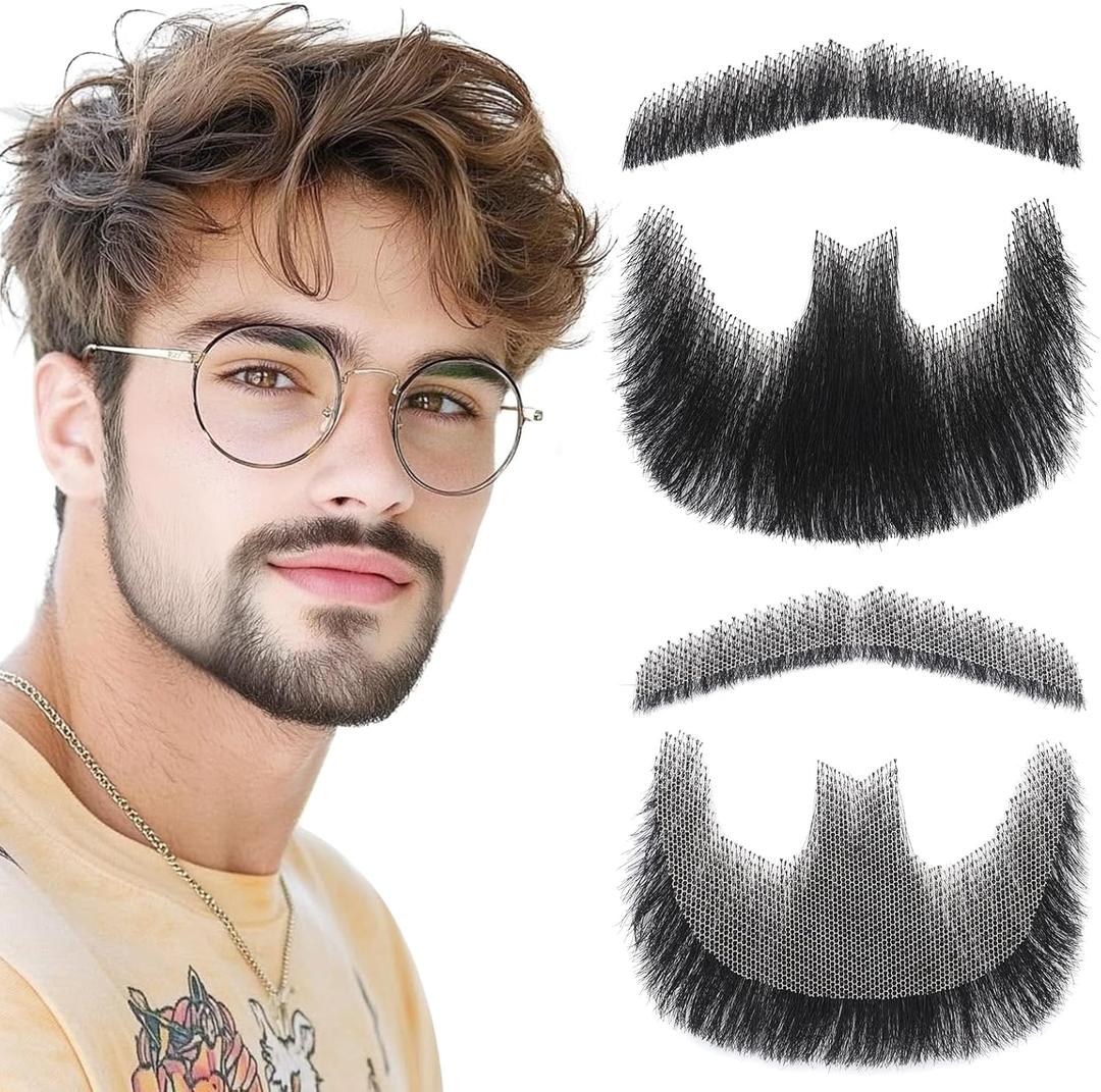 Fake Beard & Mustache - 100% Human Hair, Hand-Tied Goatee with Invisible Lace. Realistic Facial Hair for Halloween & Cosplay
