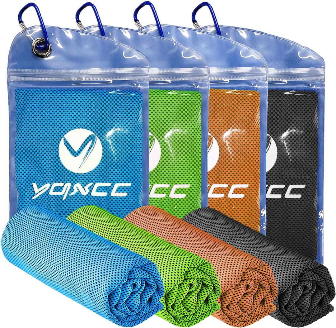 YQXCC Cooling Towels | 4 Pack 47"x12" | Ice Cool for Neck | Microfiber Soft Breathable Chilly | for Yoga, Sports, Golf, Gym, Camping, Running, Fitness, Workout & More Activities (Light Blue/Dark Gray/Orange/Green)