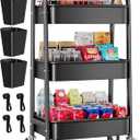 3 Tier Black Rolling Cart Metal with Wheels, Basket, Cups & Hooks, Three Tier Utility Carts on Wheels, Can Organizer for Pantry Floor, Kitchen Storage Rack, Snack Shelf Carts, Vianderos para Cocina