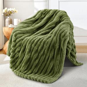 Exclusivo Mezcla Fleece Throw Blanket for Couch, Super Soft Striped Jacquard Bed Blanket, Lightweight Fuzzy Cozy for All Seasons, 50x60 Inches, Olive Green