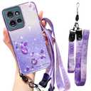Fofvccv Glitter Case for Moto G 5G 2025 / Moto G Play 4G 2025, Bling Floral Clear Soft TPU Phone Cover with Crossbody Strap & Wrist Lanyard Girls Women for Moto G 5G/G Play 4G 2025 - YSS Purple