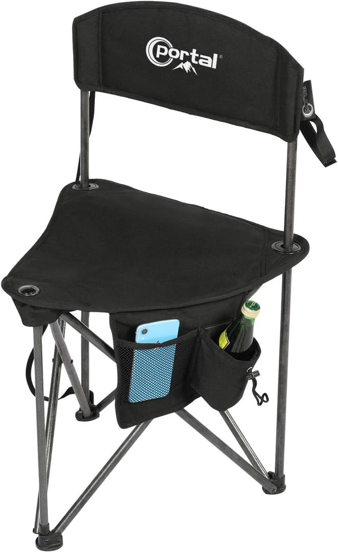 PORTAL Extra Large Quick Folding Tripod Stool with Backrest Fishing Camping Chair with Carry Strap (Black)