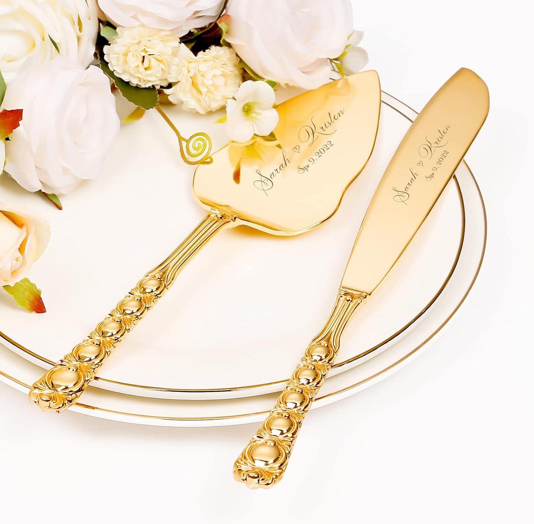 Wedding Cake Knife and Server Set, Personalized Gold Cake Cutting Set for Wedding, Engraved Classic Cake Knives Cutter Set, Pie Server, Birthday Bridal Quinceaera Gift (CUS-Bow)