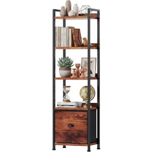 DUMOS 5 Tier Bookshelf with Fabric Drawer, Display Standing Shelf, Brown