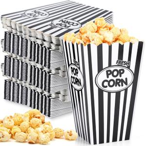 Xinnun 100 Pack Popcorn Boxes Classic Black White Stripe Paper Popcorn Buckets Disposable Oil Proof Container Vintage Retro Open Top Holders for Movie Night Supply Theater Carnival Party