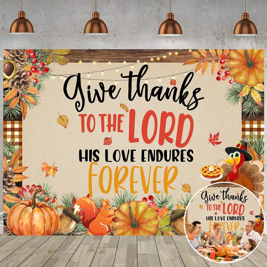 Give Thanks to The Lord Banner Backdrop 7x5FT Christian Thanksgiving Photography Background Autumn Pumpkin Maple Leaf Background for Thanksgiving Harvest Party Decors Supplies (7x5FT: 84x60 inch)