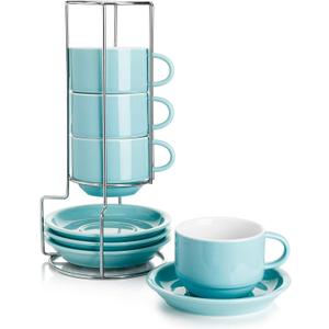Sweese 8 Ounce Porcelain Stackable Cappuccino Cups with Saucers and Metal Stand - for Specialty Coffee Drinks, Cappuccino, Latte, Americano and Tea - Set of 4, Turquoise