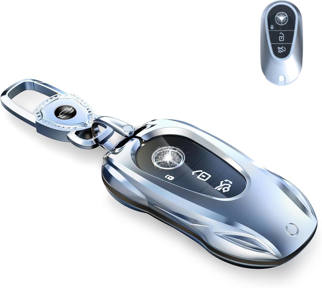 for Mercedes Benz Key fob Cover with Metal Keychain Case Key Shell Protector Compatible with 2020-2024 S-Class G-Class E-Class EQE EQS Accessories (Fashion Silver for Benz-C)