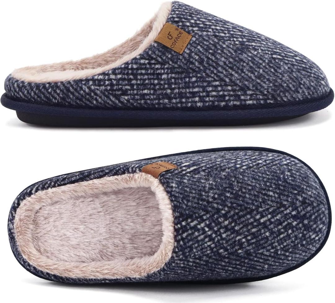 COFACE Mens Cozy Memory Foam Scuff Slippers Casual Slip On Warm House Shoes Indoor/Outdoor Sandal Slippers With Arch Support Rubber Sole Size 7-15 (12, Blue Twill)