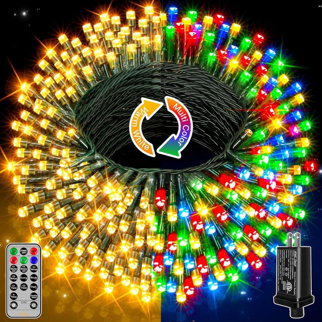 Ollny Christmas Lights, 131FT 400 LED Color Changing Christmas Tree Lights with 11 Modes Remote Control Waterproof Outdoor Christmas Lights for Outside Indoor Patio Xmas Decorations (400 LED Dark Green Wire, Warm White & Multicolor)