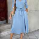 Dokotoo Womens Dresses Lace V-Neck Half Sleeve Belted Empire Waist Casual Dress A-Line Hem Summer Midi Dress with Pockets (S)