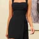 Women's Sexy Mesh Short Dress Square Neck Ruched Wedding Guest Cocktail Mini Dresses (Medium, Black)