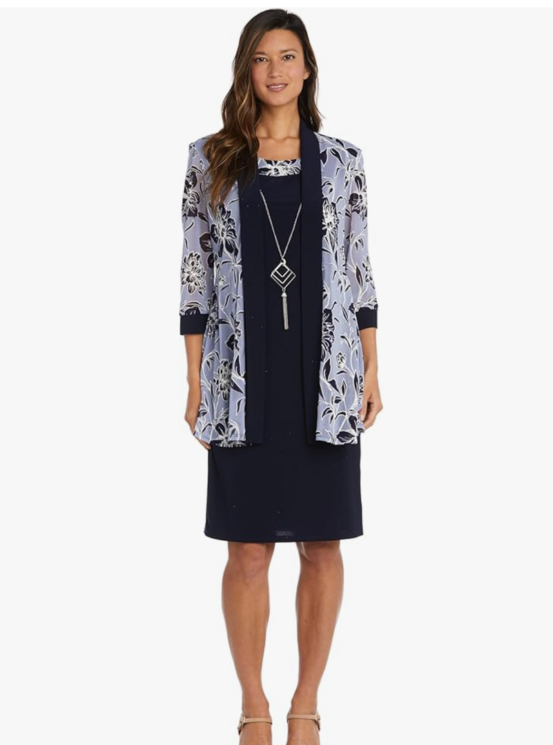 R&M Richards 2PC Puff Print Jacket W/Solid Shift Dress & Detachable Necklace, Size 6, Navy/Lavender