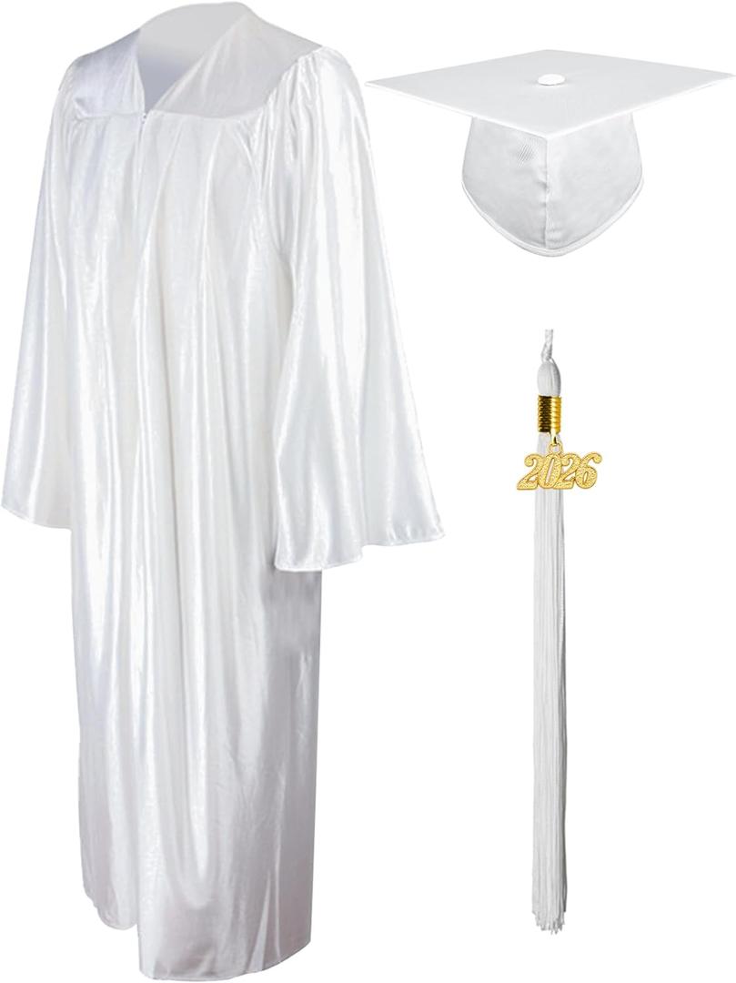 GraduationMall Shiny Graduation Cap and Gown with 2026 Tassel for High School and Bachelor (White)