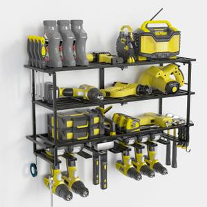 Large Power Tool Organizer Wall Mount, 4 Layer Heavy Duty Metal Storage Rack, Garage Storage Cordless Tool Organizer with Screwdriver Holder, Holds 8 Drills, 300 lbs Capacity for Garage Workshop