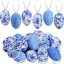 Wenqik 24 Pcs Easter Hanging Egg Chinoiserie Blue and White Floral Foam Porcelain Easter Egg Bulk for Tree Ornament for Basket Bowl Vase Filler Home Spring Party Decoration 1.57 x 2.36 in