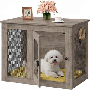 CHOEZON Wooden 30.1" Dog Crate Furniture, Farmhouse Pet Cage End Table with Secure Lock, Ventilated Mesh for Medium Dogs, Dog Kennel Furniture for Living Room, Bedroom, Greige MGW02FH