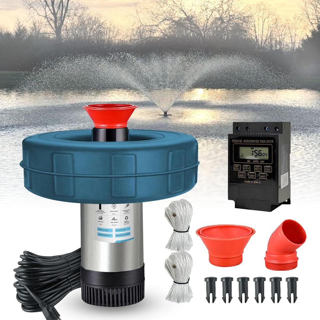 Pond Fountain Aerator 750W, 1HP 15000 GPH Floating Aerating Pump with Stainless Steel Body, 100ft Power Cord & Multifunctional Timer for Large Ponds & Lakes200FT raction RopeNO RGB