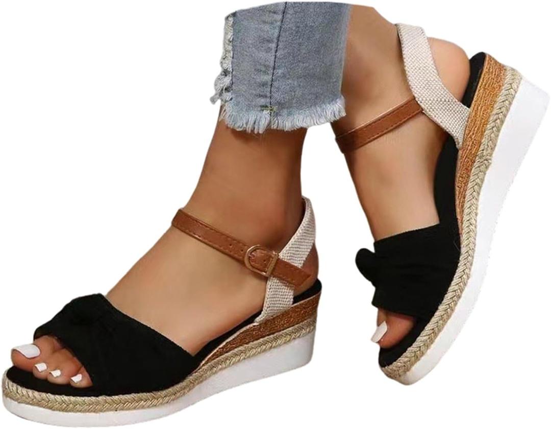 Orthopedic Wedge Sandals for Women 2026 Summer Dressy Trendy Platform Casual Walking Arch Support Espadrilles Wedges (Black, S)
