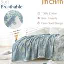 jinchan Boho 100% Cotton Muslin Queen Size 80x90 Inches Blanket Lightweight 4-Layer Quilted Soft Blue and White Floral Throw Blanket Green Accents Reversible Comfy Flower Rustic Summer Couch Bedroom
