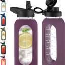 CIVAGO 32 oz Glass Water Bottle with Straw and Handle, Large Sports Motivational Water Bottle Flask with Time Marker and 2 Lids, Leakproof Water Jug Canteen with Silicone Sleeve for Gym,Mauve