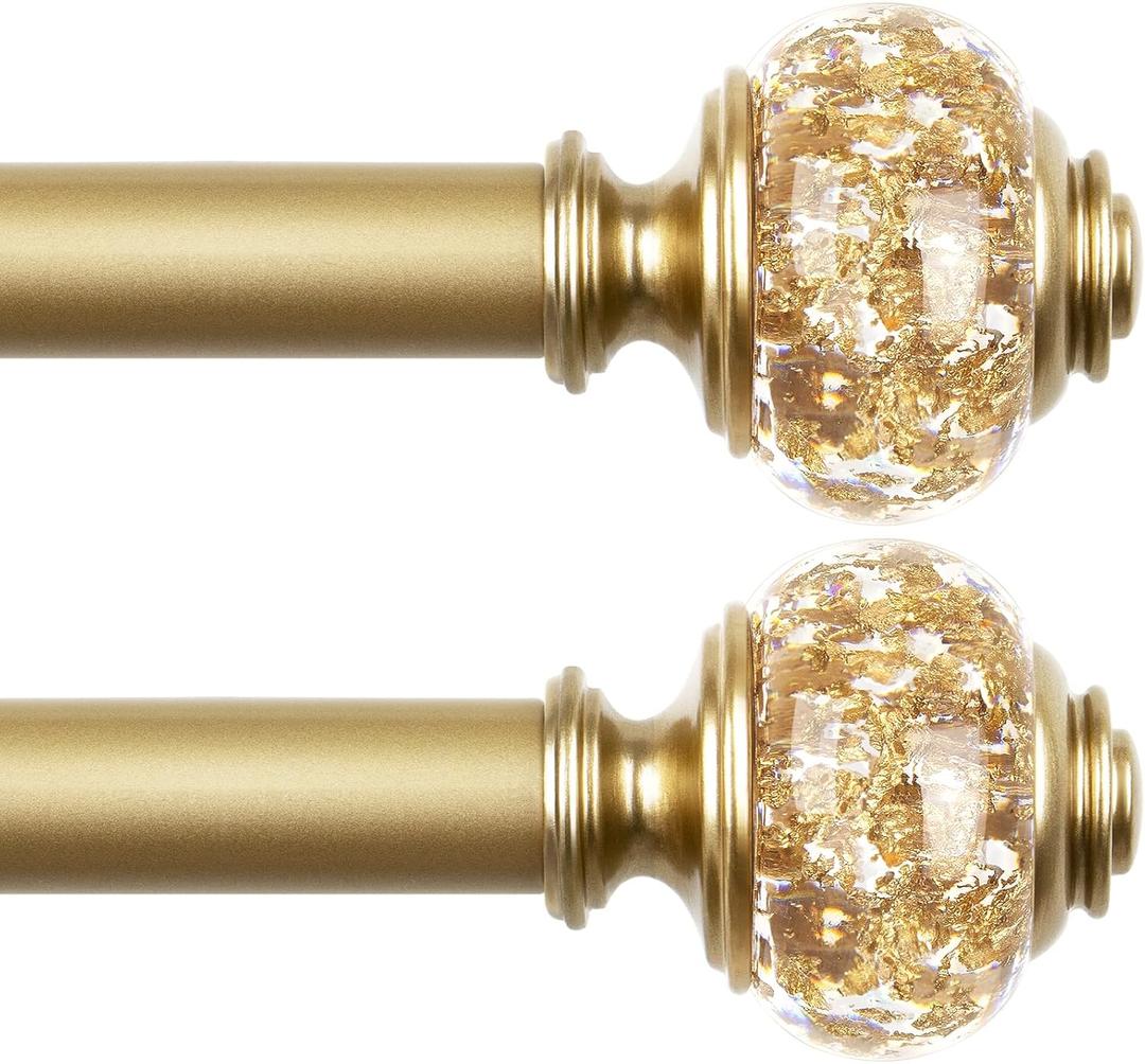 2 Pack Luxury Gold Curtain Rods for Windows 48 to 84 Inch, USFOOK 7/8 Inch Telescoping Splicing Drapery Rods 32 to 86 Inch, Decoration for Home with Decorative Translucent Finials